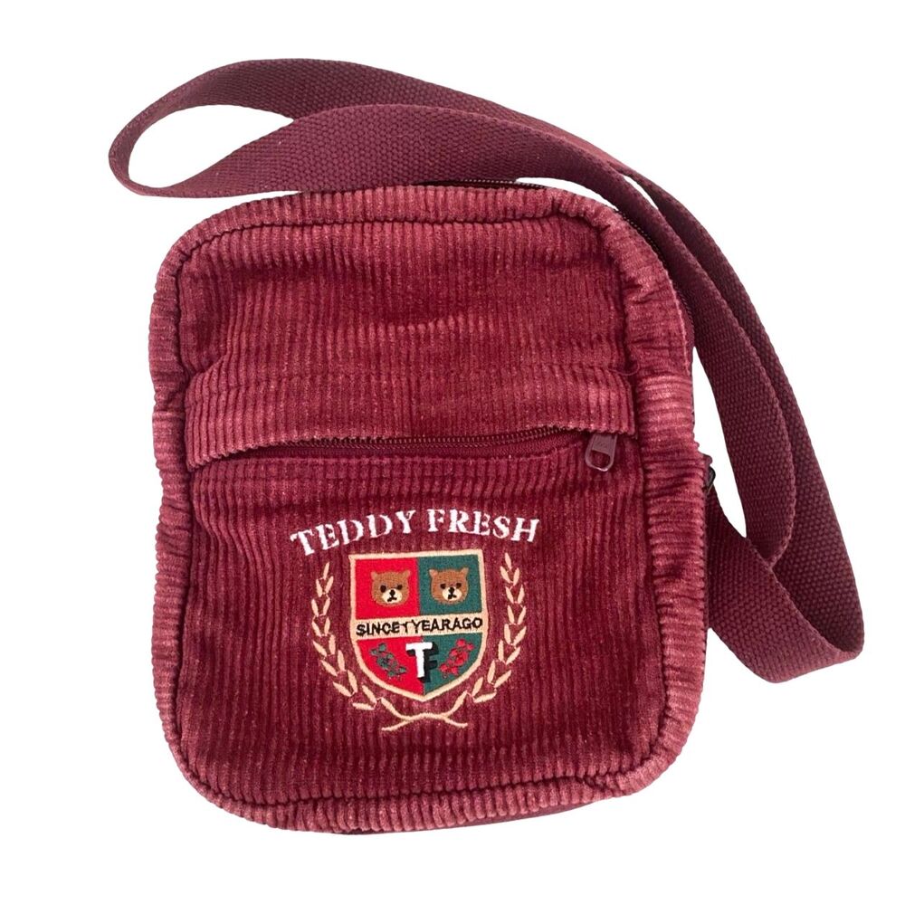 Teddy Fresh Maroon Corduroy Crossbody Shoulder Bag Embroidered Crest Bear H3H3